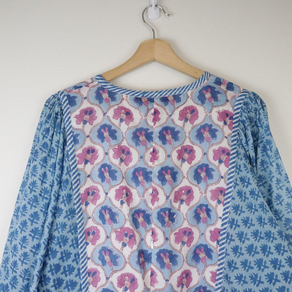 NWT Oliphant Tuckernuck Tie Front Balloon Mini Dress Iris Blue Block Print Large - Picture 6 of 10